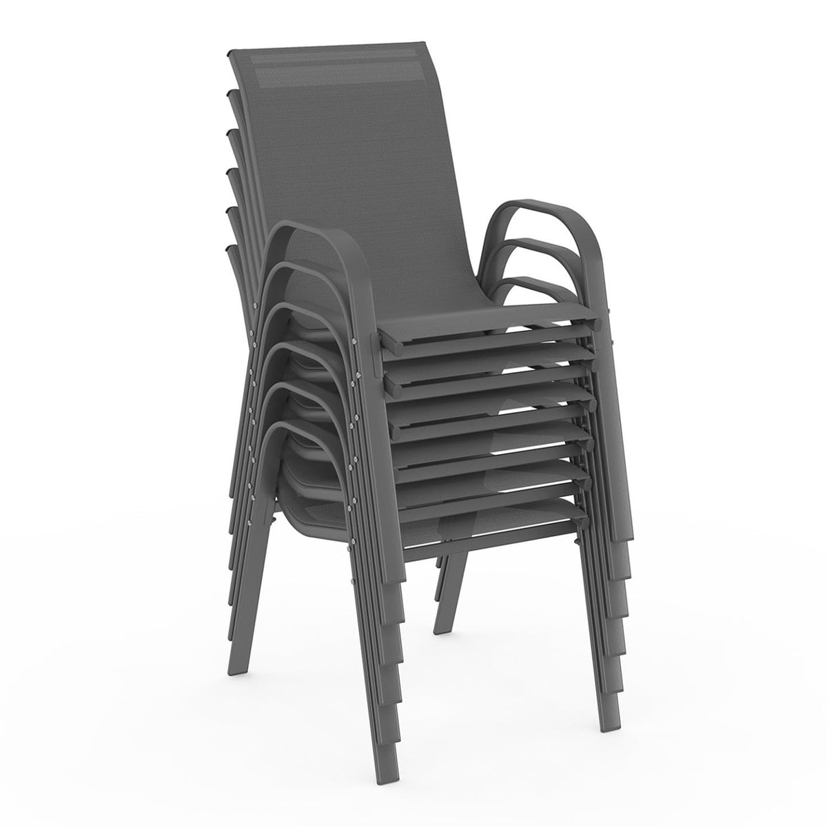 Salon de Jardin Madrid 1687 Table 190 cm 8 Chaises Empilables Plateau en Verre Trempé Acier Gris et Noir