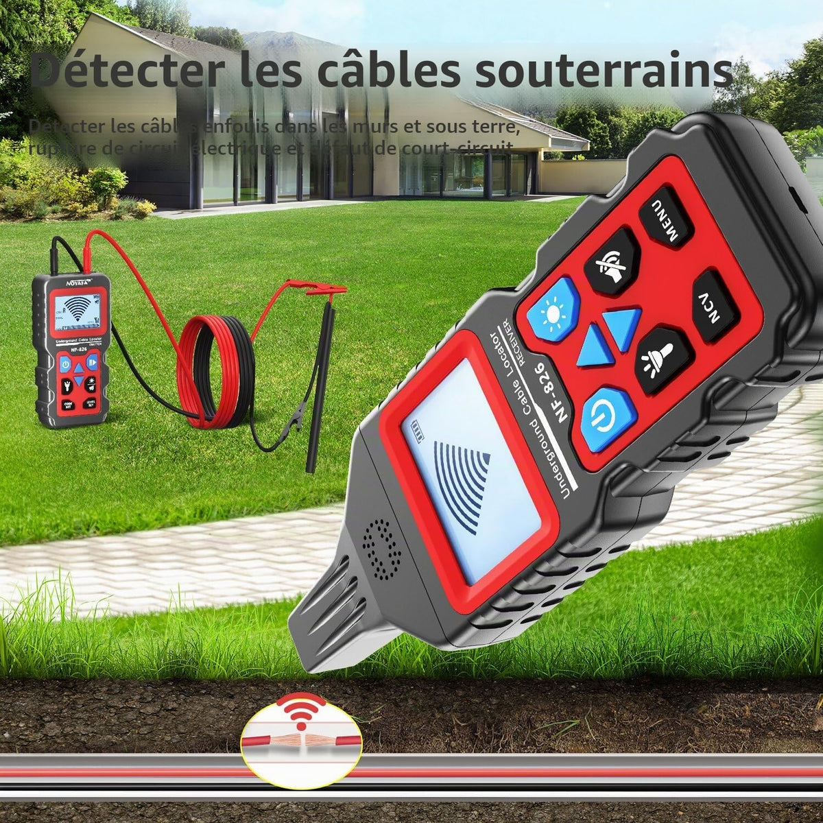 Détecteur de câbles souterrains et muraux NF-826 12 à 400 V avec fonction voltmètre et sensibilité réglable
