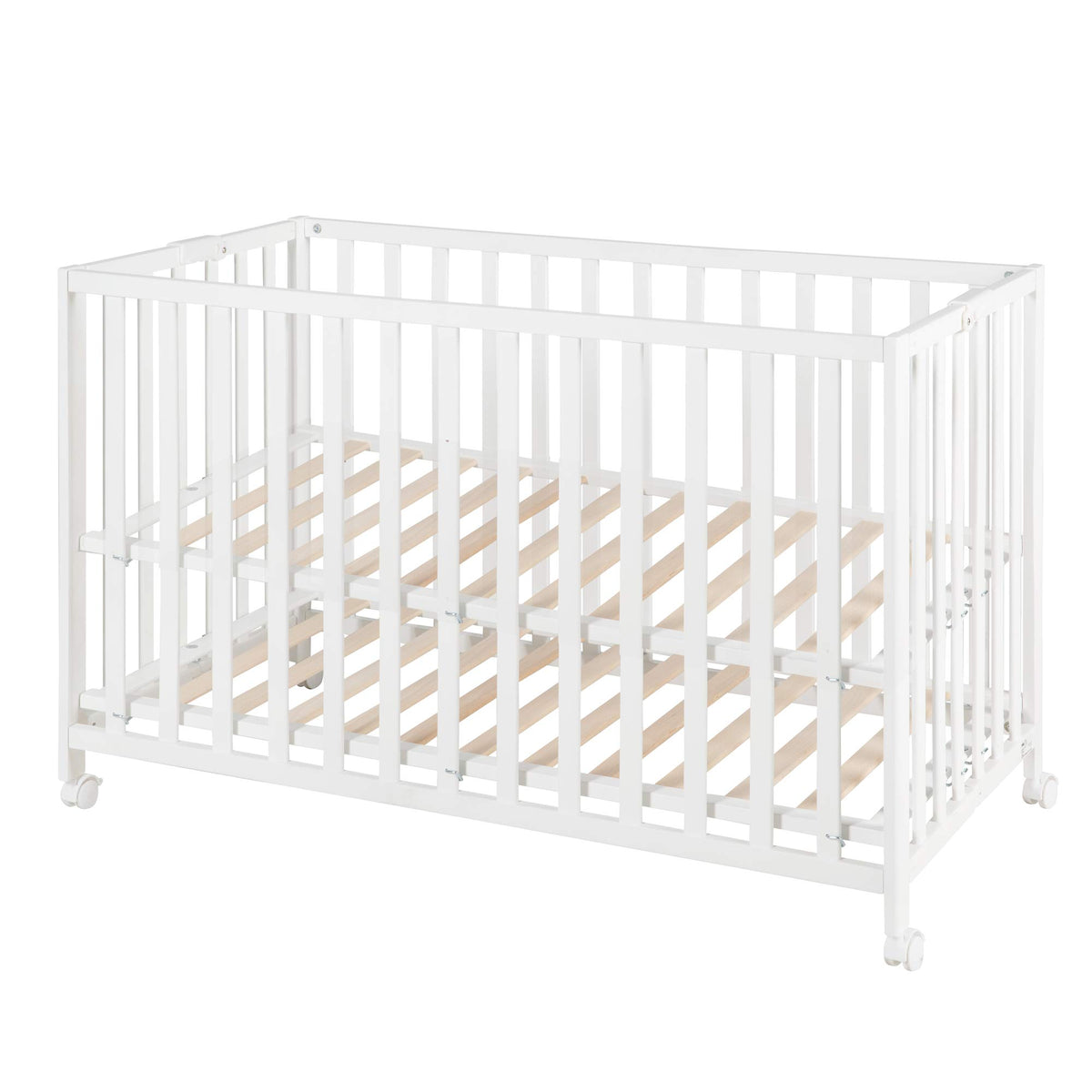 Lit Bébé Pliant Fold Up 287100WE 60 x 120 cm Hêtre 2 Niveaux Réglables 4 Roulettes à Freins Charge 40 kg Blanc