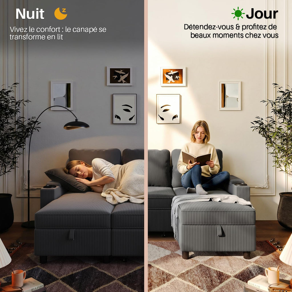 Canapé d'angle convertible 3 places TRFR-SF24-0770B canapé-lit avec rangement chaise longue réversible 120 x 200 x 88 cm