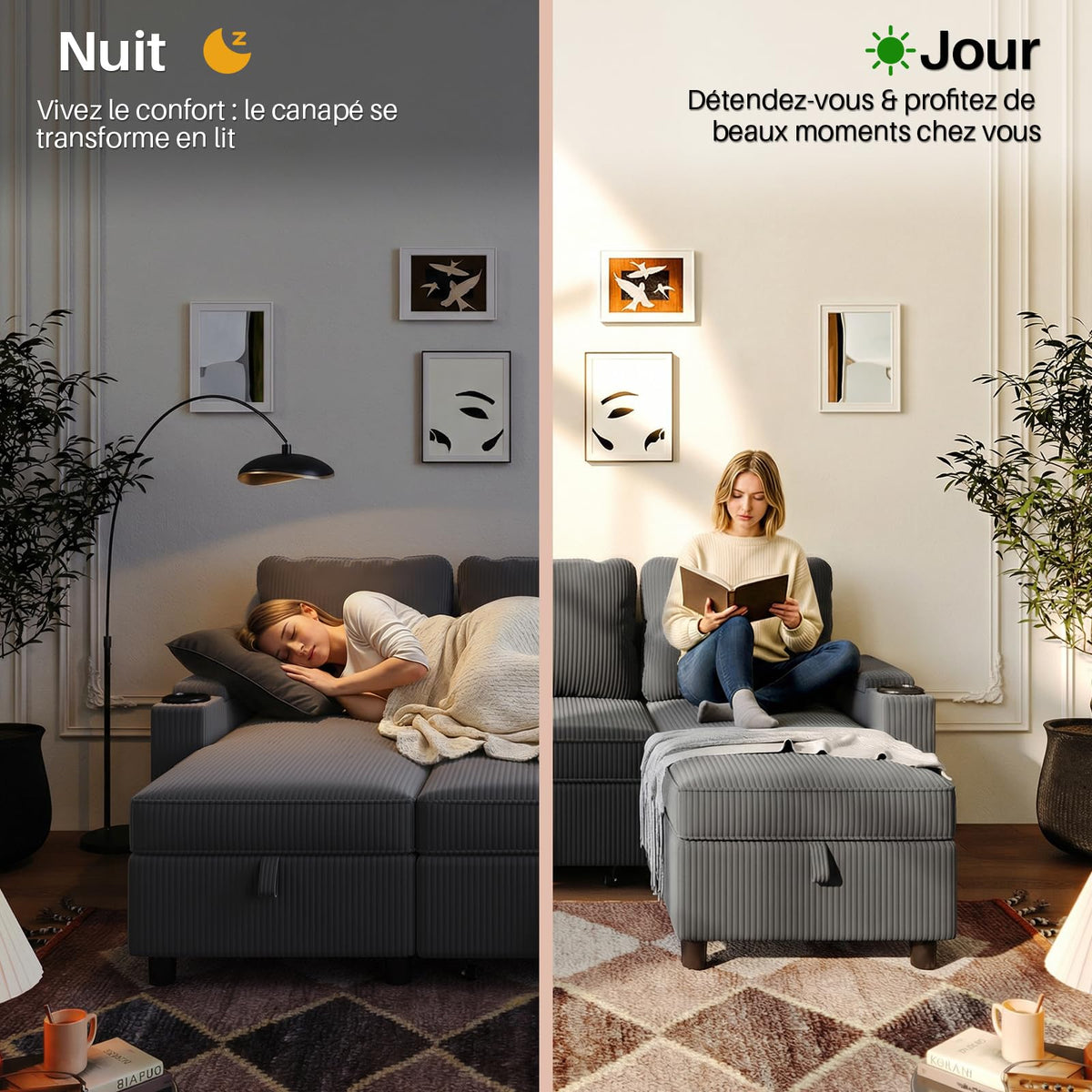 Canapé d'angle convertible 3 places TRFR-SF24-0770B canapé-lit avec rangement chaise longue réversible 120 x 200 x 88 cm