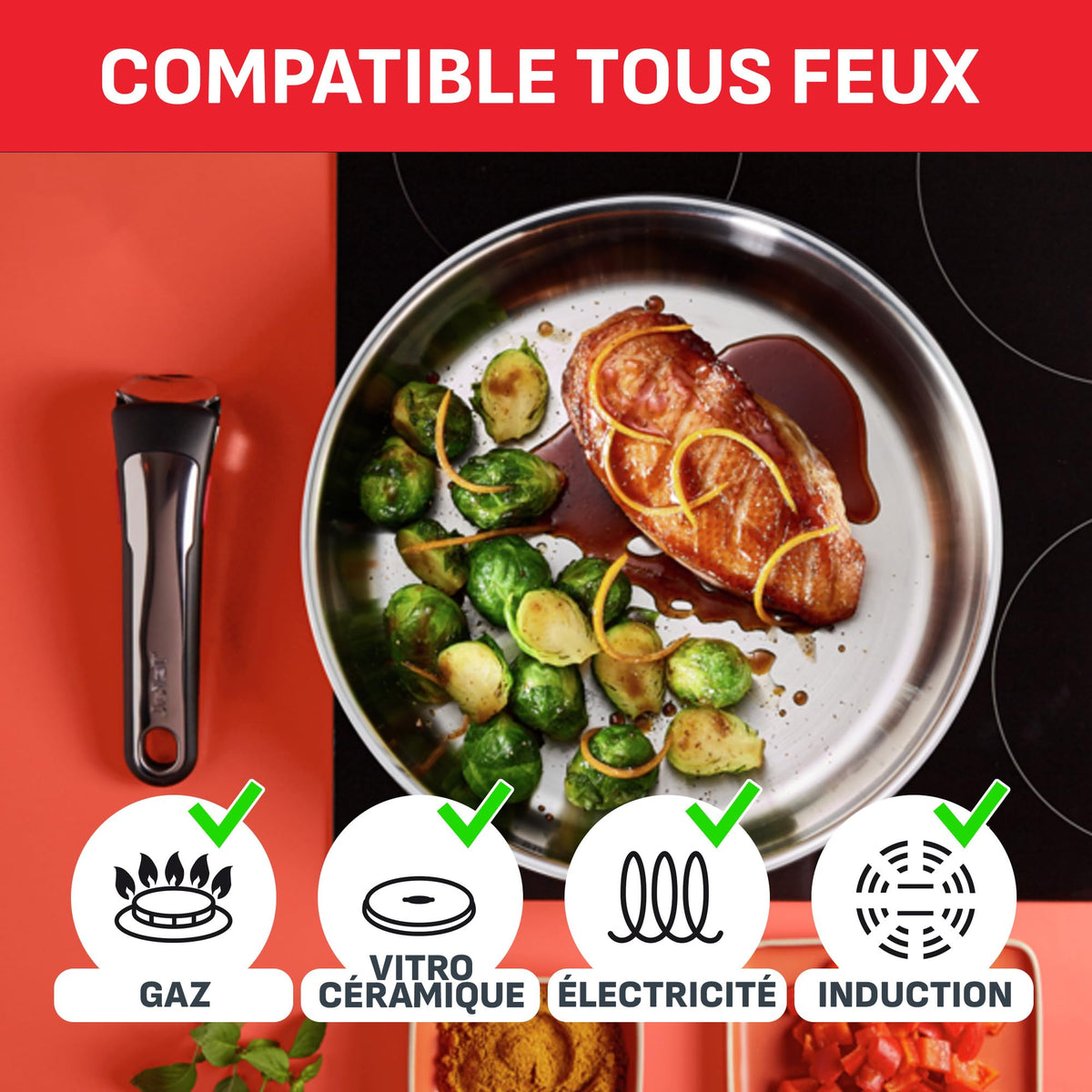 Batterie de cuisine Ingenio L897SK04 20 pièces acier inoxydable antiadhésif induction avec poignées amovibles et couvercles