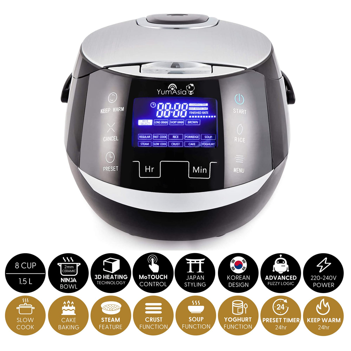Cuiseur à riz multifonction YUM-EN15 1,5 L 860 W 230 V bol céramique 6 fonctions riz 6 fonctions multicuiseur écran LED