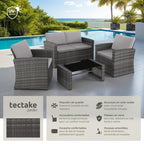 Salon de jardin en résine tressée 4 personnes avec canapé fauteuils table à plateau en verre coussins gris 404918-2