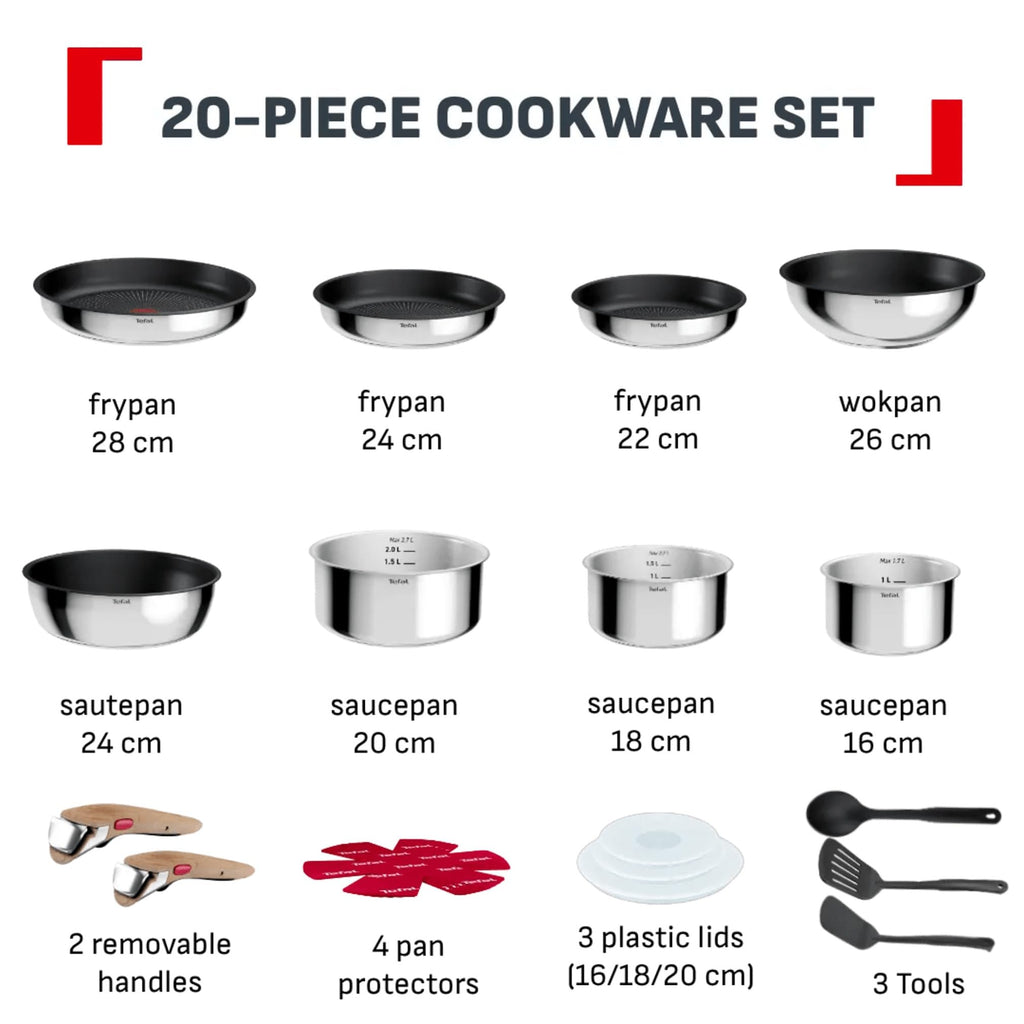 Batterie de cuisine Ingenio Comfort Max 20 pièces L966SK44 antiadhésive induction poignées amovibles poêles casseroles wok