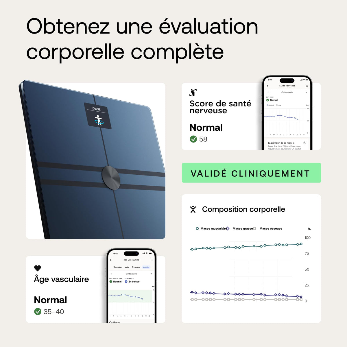 Balance connectée Body Comp BIA Wi-Fi Bluetooth 180 kg composition corporelle fréquence cardiaque écran couleur