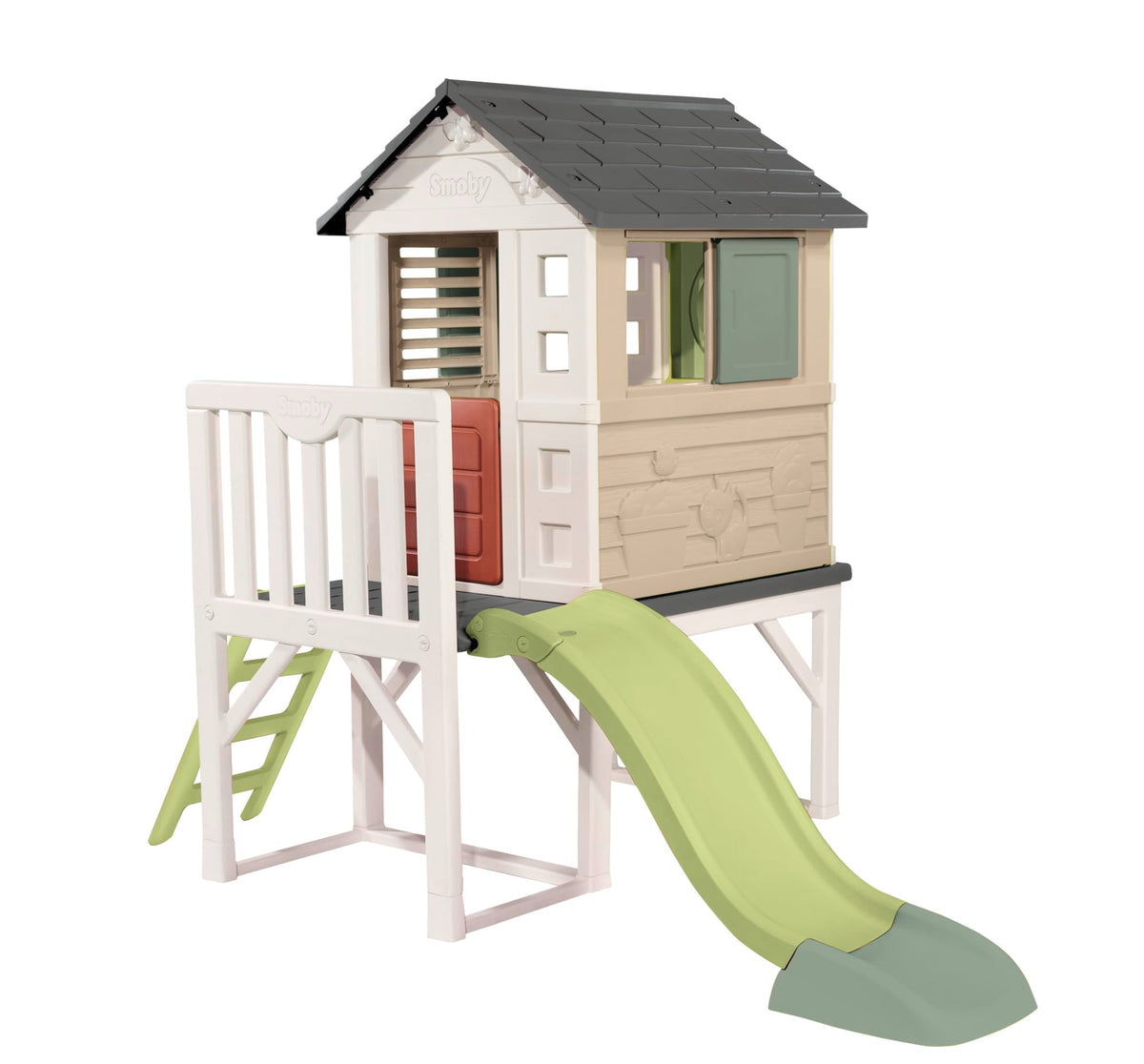 Maison de jeux sur pilotis avec toboggan et échelle plateforme 70 cm plastique recyclé 3 fenêtres dès 2 ans 243 x 160 x 197 cm