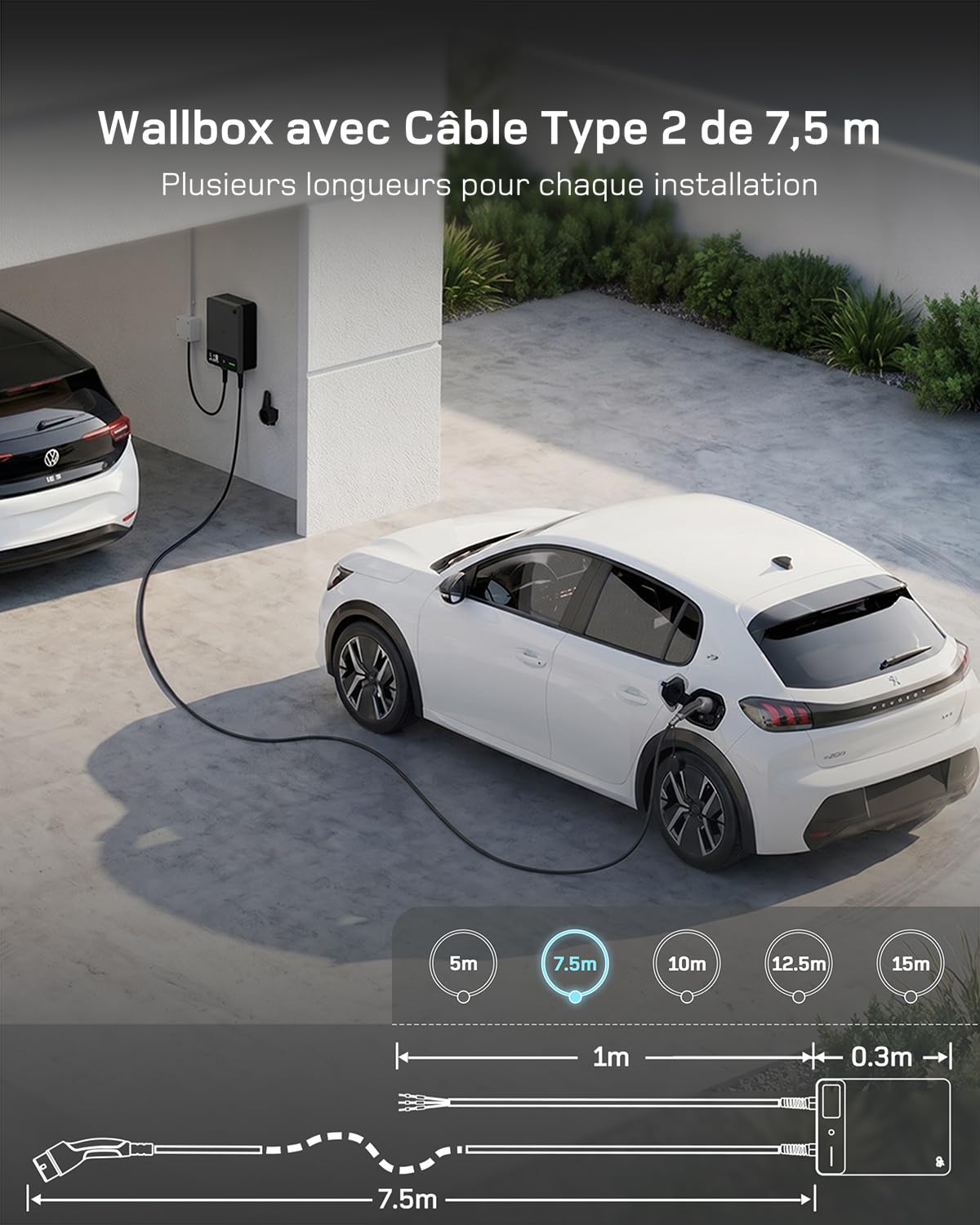 Borne de Recharge pour Véhicule Électrique 7,4 kW 32 A Type 2 Monophasé 230 V Câble 7,5 m APP RFID