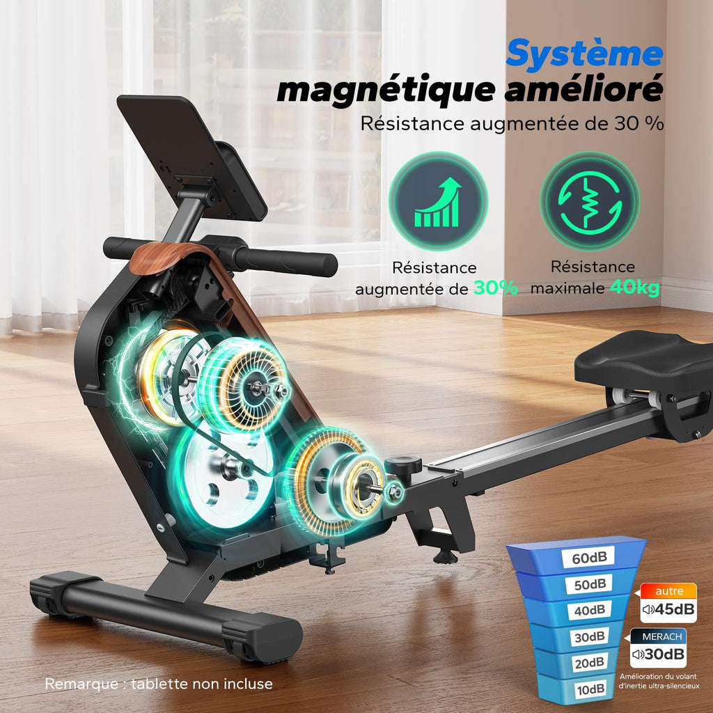Rameur d'appartement magnétique MR-R15B4 silencieux rail 130 cm 16 niveaux de résistance charge 158 kg roues intégrées application