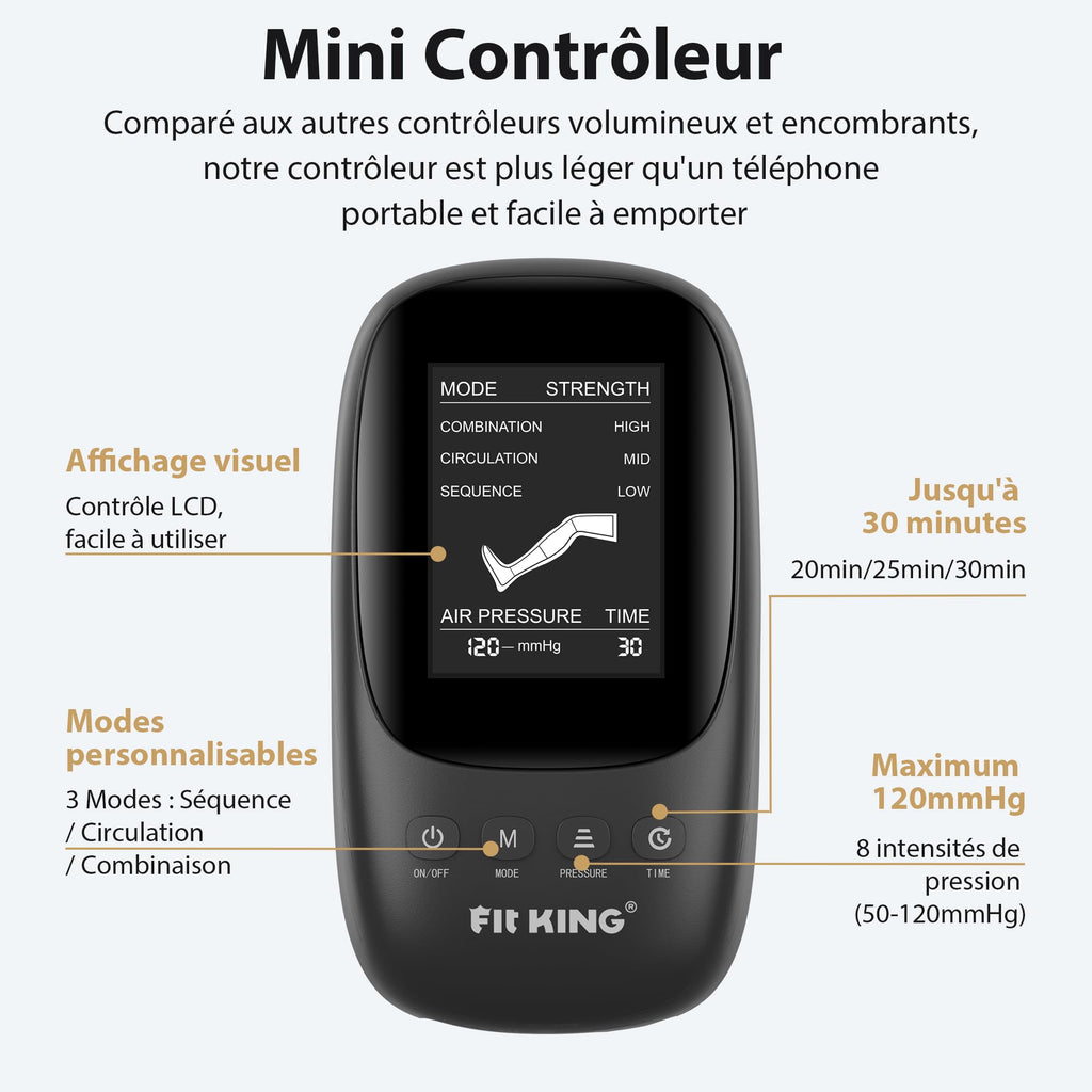 Bottes de pressothérapie pour jambes FT-082A-M taille M 4 chambres 8 niveaux de compression 50 à 120 mmHg écran LCD