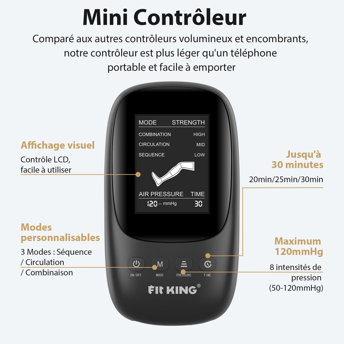 Bottes de pressothérapie pour jambes FT-082A-M taille M 4 chambres 8 niveaux de compression 50 à 120 mmHg écran LCD