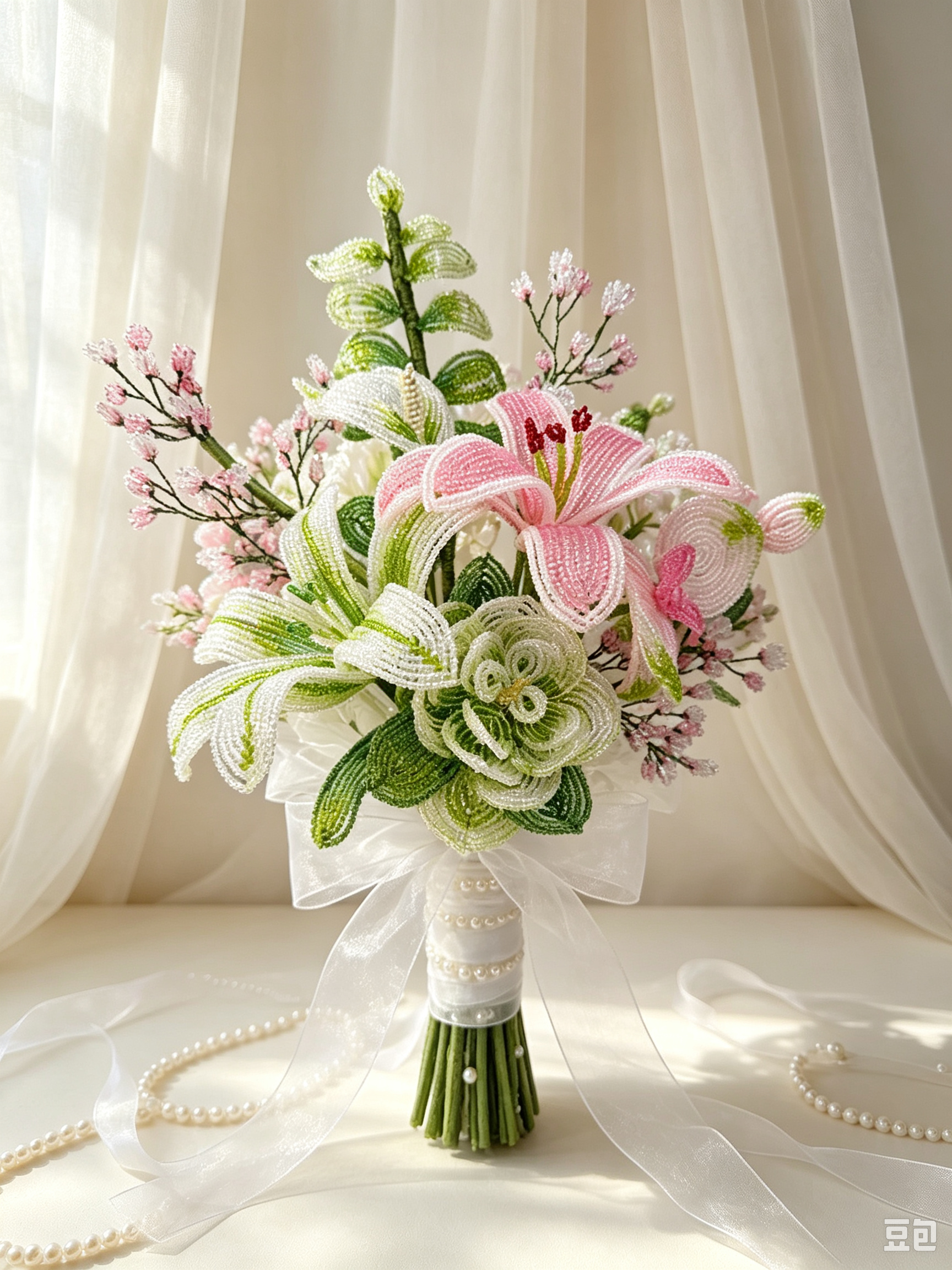 Bouquet de mariée perlé rose et blanc avec lys, callas, camélias, orchidées et fleurs miniatures, 30 cm