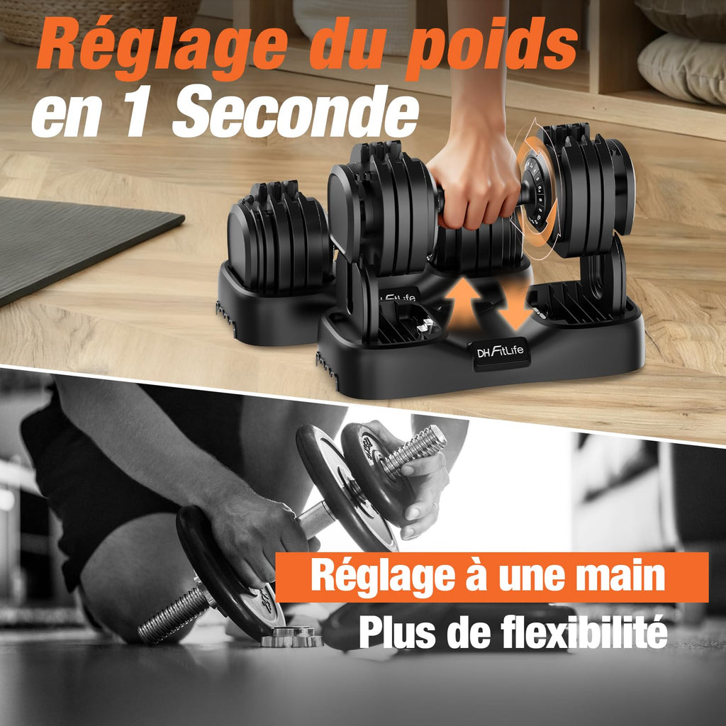 Haltères réglables 18 niveaux 2,5 à 25 kg 2 × 25 kg acier allié poignée antidérapante réglage à une main verrouillage automatique
