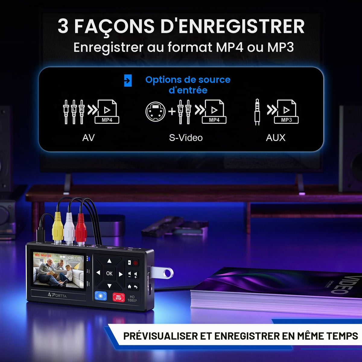Convertisseur VHS numérique VD10 RCA et S-Vidéo vers HDMI avec écran LCD 3 pouces télécommande et enregistrement 1080p