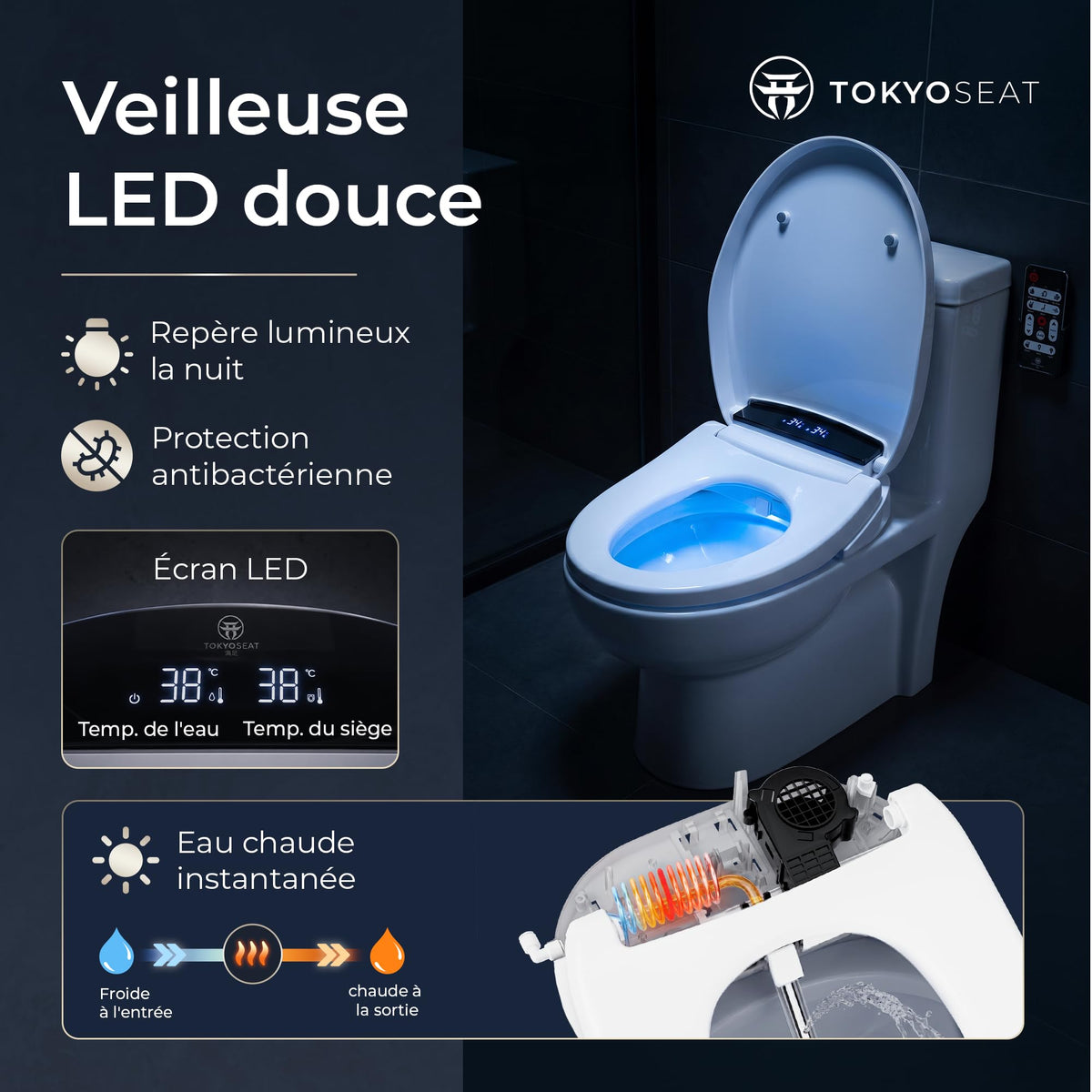 Abattant WC Japonais Électrique Lavant Séchant Chauffant Eau Chaude Ovale Télécommande Kit d'Installation