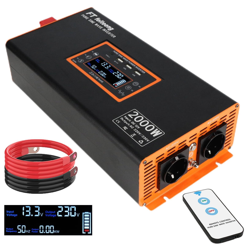 Convertisseur 12V 220V 2000W 4000W onduleur pur sinus 220V CA 2 prises USB écran LCD télécommande 50 Hz