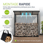 Range-bûches extérieur avec toit 185 x 70 x 185 cm aluminium bâche polyester résistante aux UV étanche sol surélevé toit inclinable noir