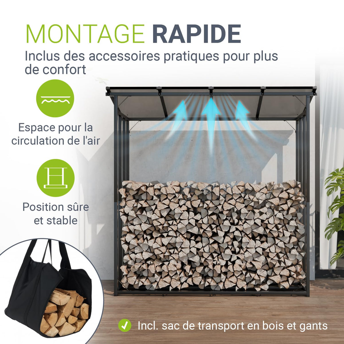 Range-bûches extérieur avec toit 185 x 70 x 185 cm aluminium bâche polyester résistante aux UV étanche sol surélevé toit inclinable noir