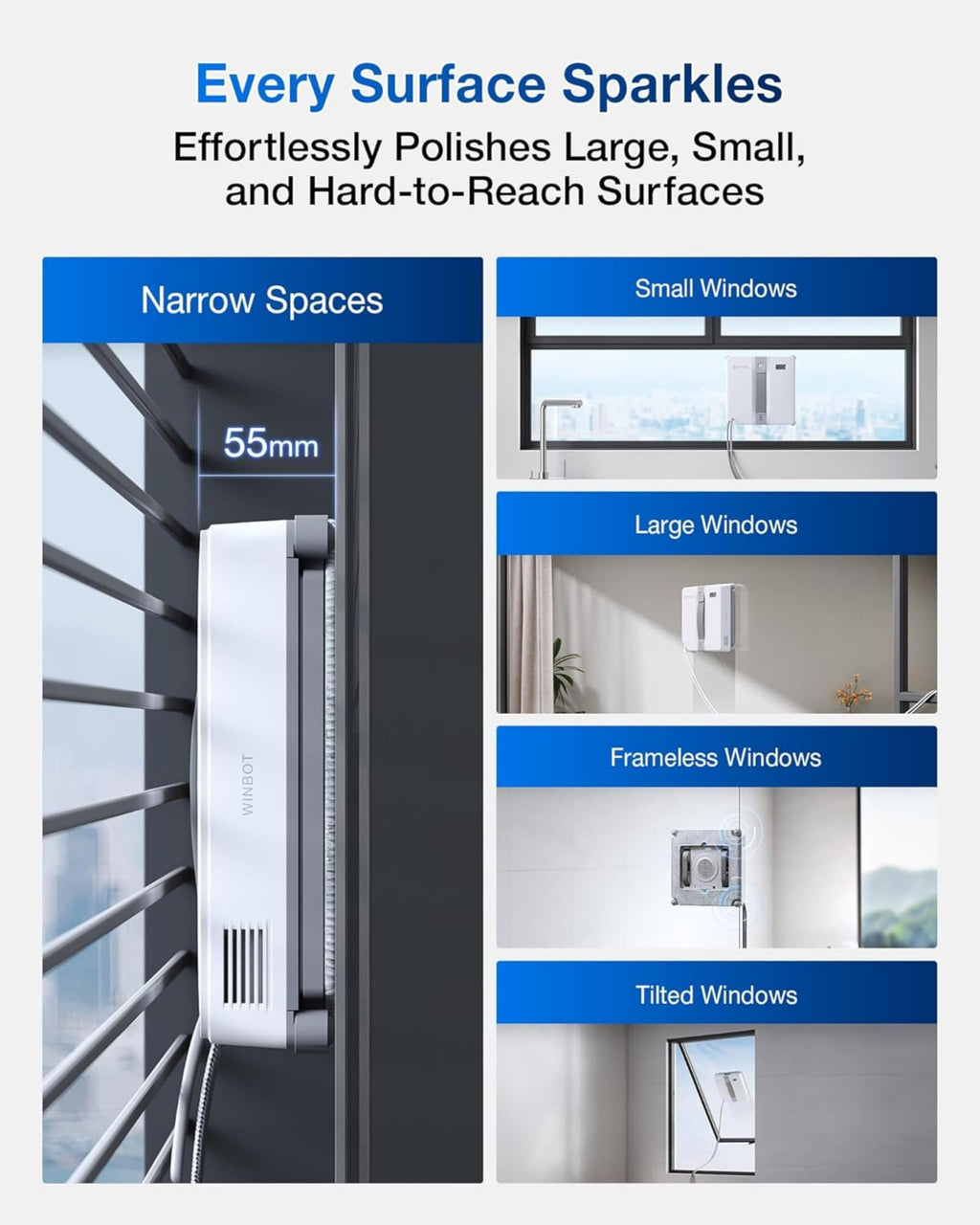 Robot lave-vitres WINBOT MINI Grey 350 ml avec pulvérisation ultrasonique contrôle par application et batterie lithium-ion