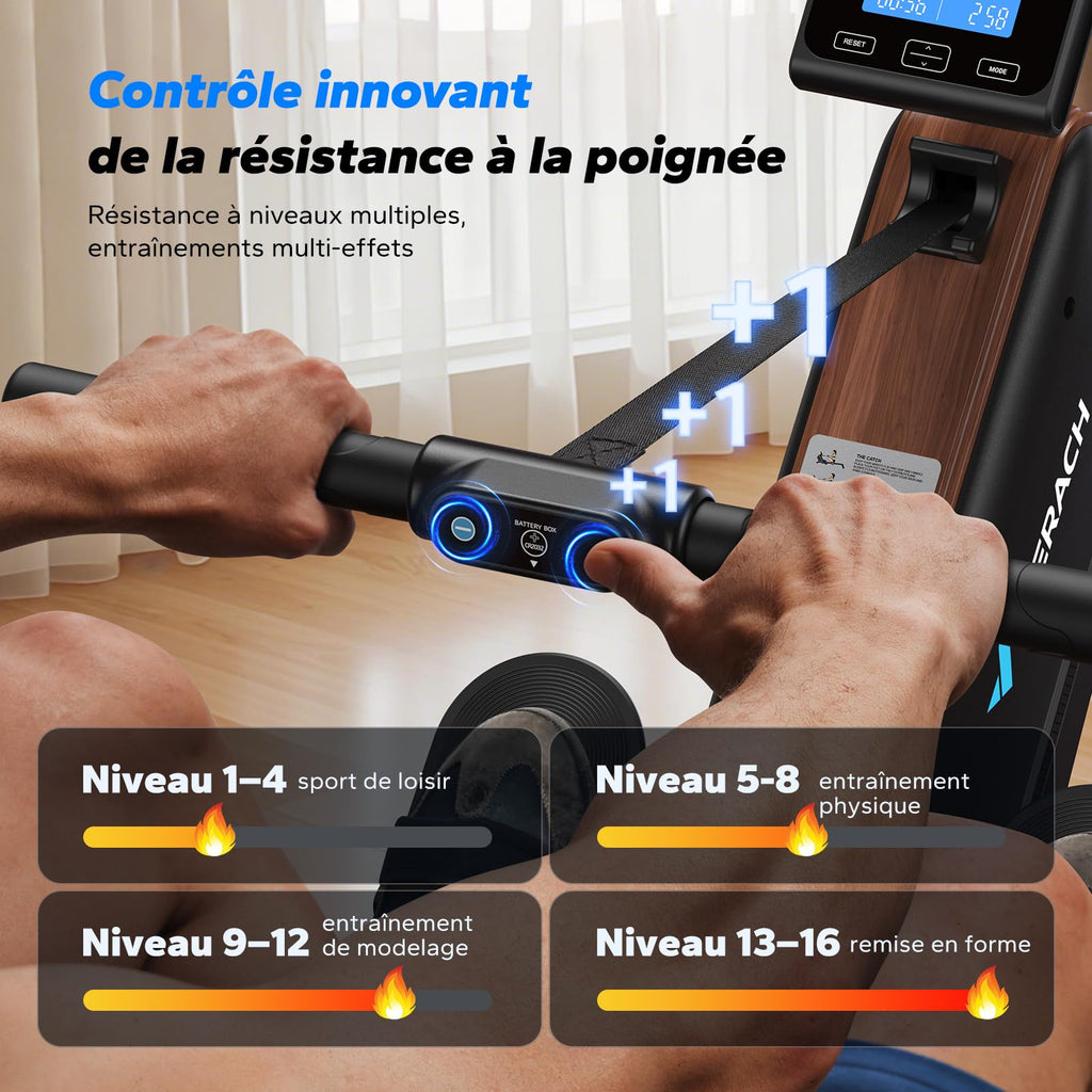 Rameur d'appartement magnétique MR-R15B4 silencieux rail 130 cm 16 niveaux de résistance charge 158 kg roues intégrées application