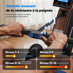 Rameur d'appartement magnétique MR-R15B4 silencieux rail 130 cm 16 niveaux de résistance charge 158 kg roues intégrées application