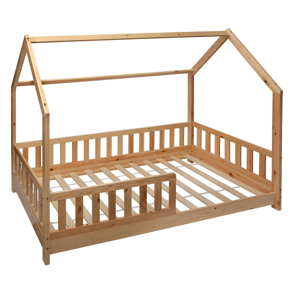 Lit cabane enfant Bosco 90 x 190 cm en bois de pin avec sommier 16 lattes et barrières de protection
