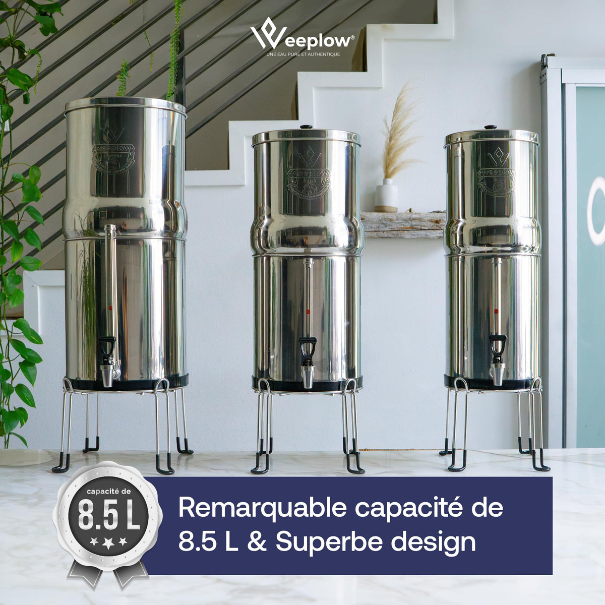 Système de filtration d'eau par gravité Earth WEEP850 8,5 L en acier inoxydable AISI 304 avec 2 filtres O'Pure 2