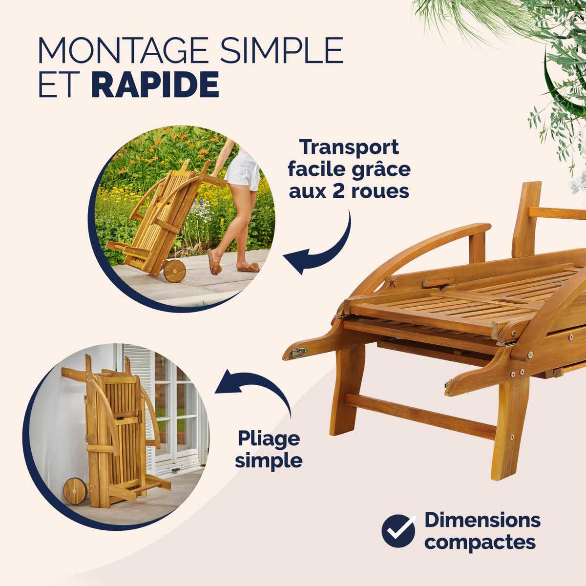 Chaise longue de jardin pliante en bois d'acacia avec roues et dossier réglable lot de 2 195 x 69 x 85 cm