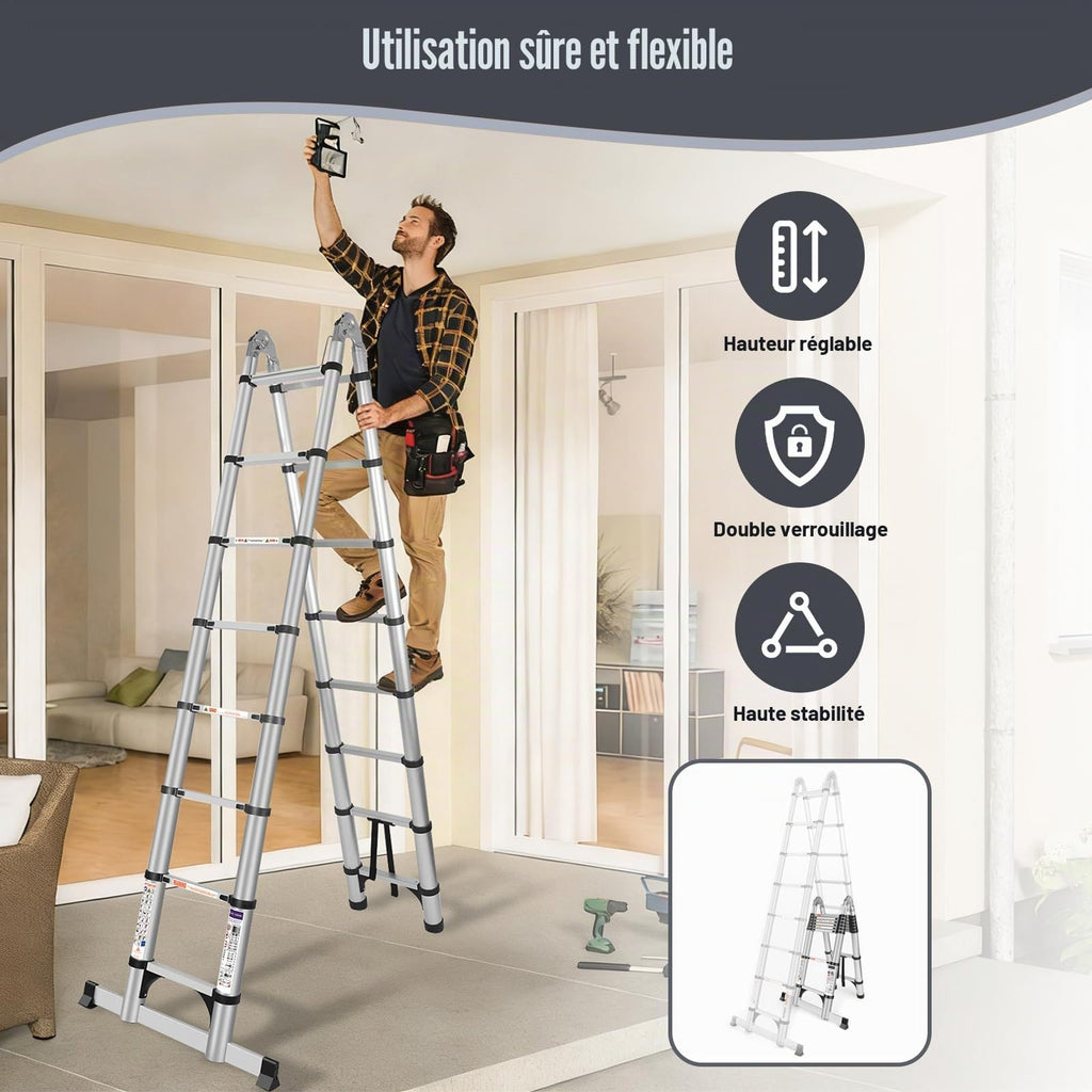 Échelle télescopique pliante DLT210E 5 m aluminium argent 150 kg hauteur réglable stabilisateurs échelle A et droite