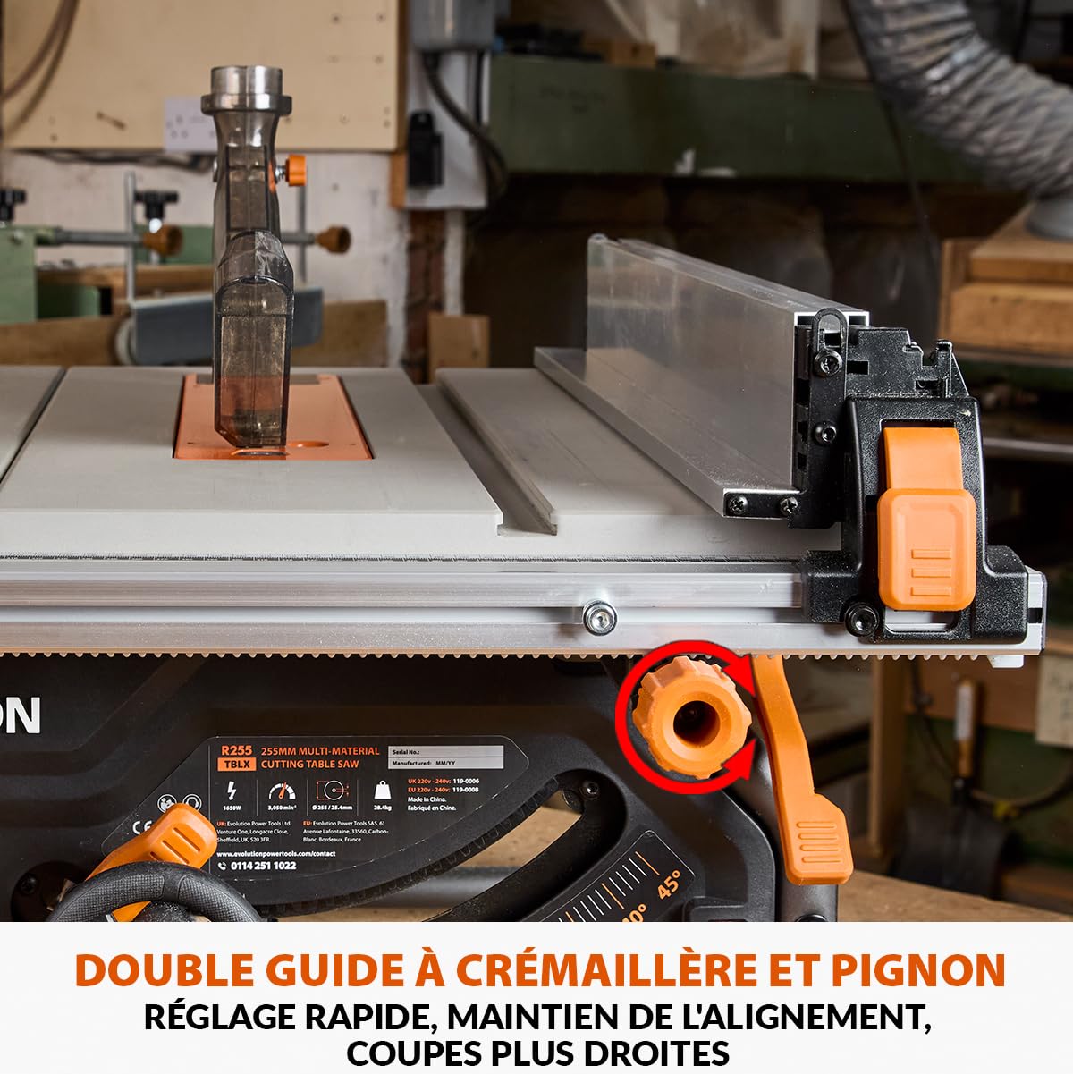 Scie de Table R255TBL+ 1800 W Lame TCT 256 mm Coupe Bois Métal Plastique Biseau 45° Profondeur 85 mm Frein Électrique