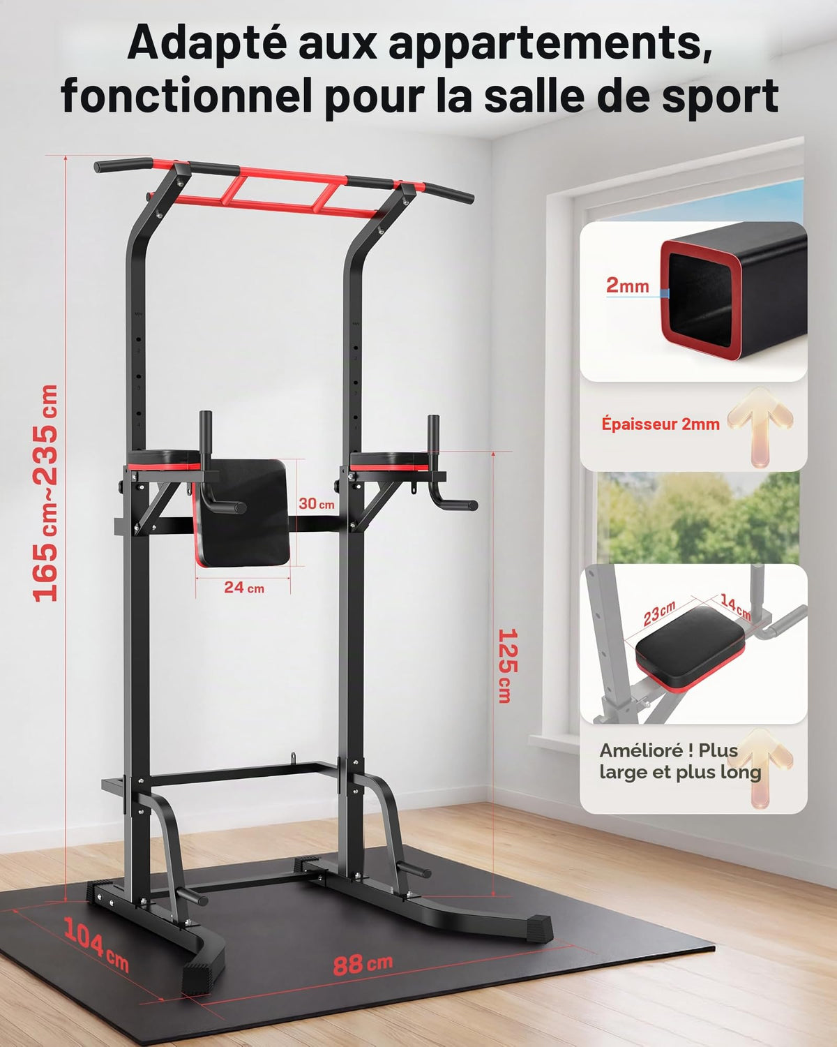 Station de traction multifonctionnelle Power Tower avec support dips hauteur réglable 165 à 235 cm acier allié charge 230 kg