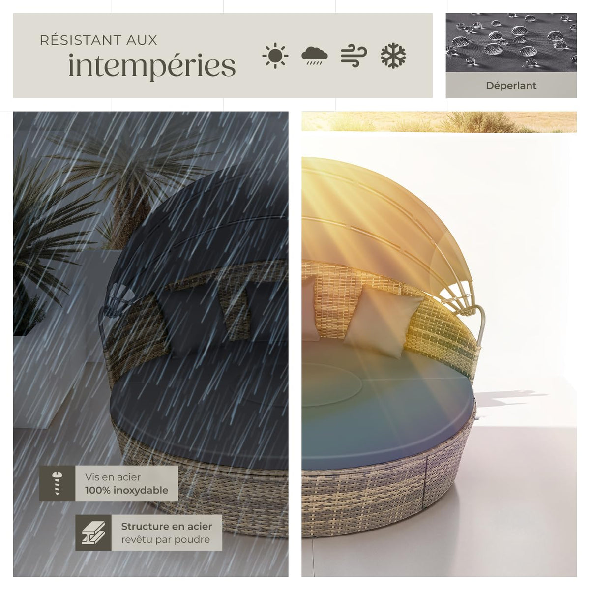 Bain de soleil modulable 5 pièces en résine tressée pare-soleil pliable coussins inclus structure acier 175 x 171 x 136 cm marron