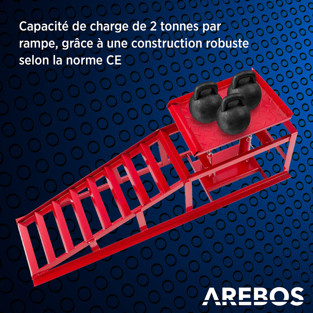 Lot de 2 rampes d'accès avec cric hydraulique 2 T hauteur réglable 290 à 375 mm largeur de pneu jusqu'à 257 mm