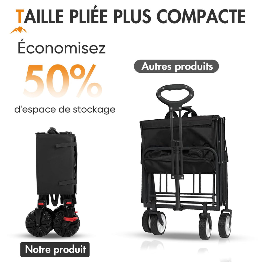 Chariot de transport pliable WFC-PR-TR-21727-1-BLK 200 L charge 150 kg roues tout terrain 20 cm poignée réglable