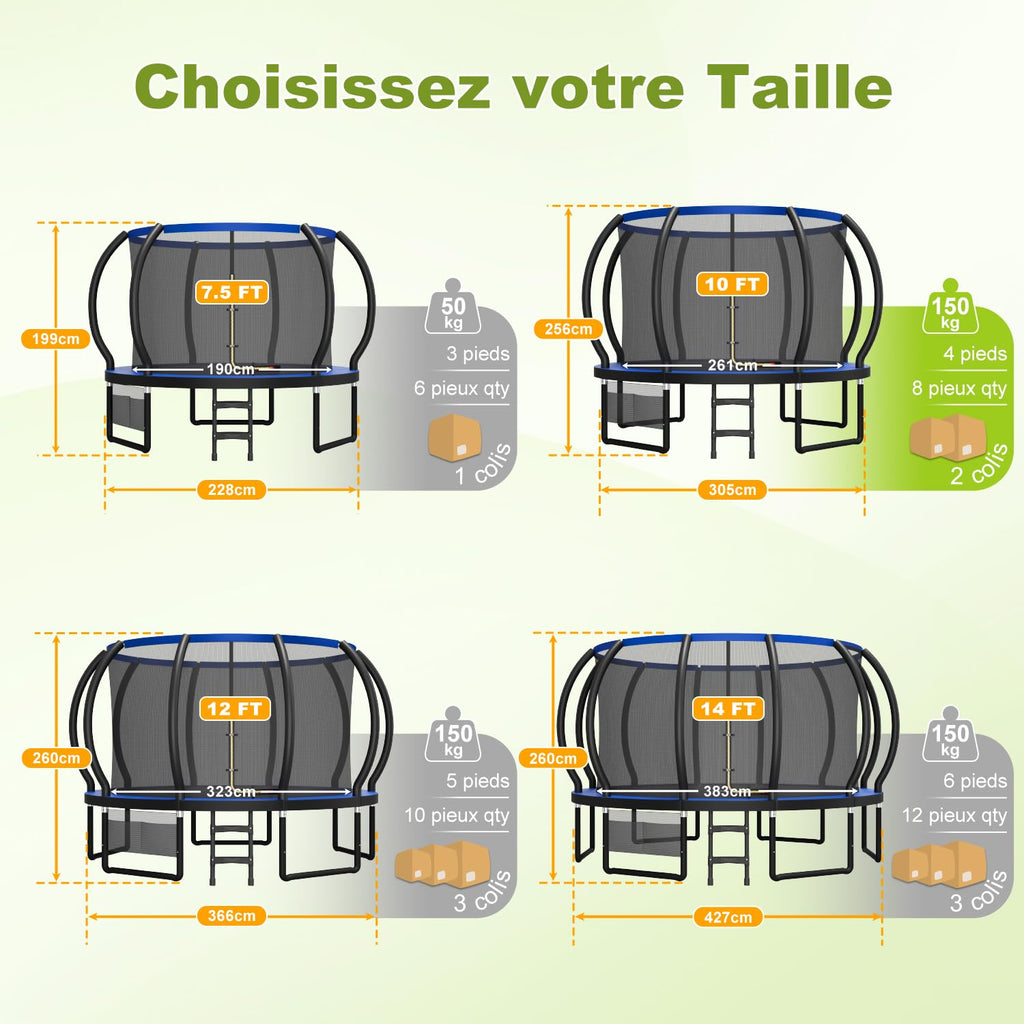 Trampoline extérieur rond 228 cm modèle 0534 filet de sécurité 42 ressorts échelle charge 50 kg