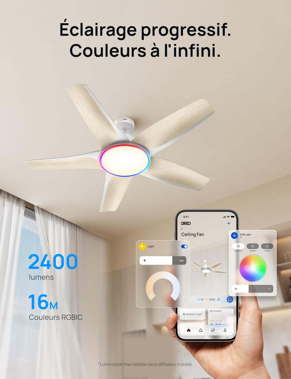 Ventilateur de Plafond avec Lumière DR-HCF002S 132 cm 54 W LED Dimmable RGB Wi-Fi 6 Vitesses Moteur CC Blanc
