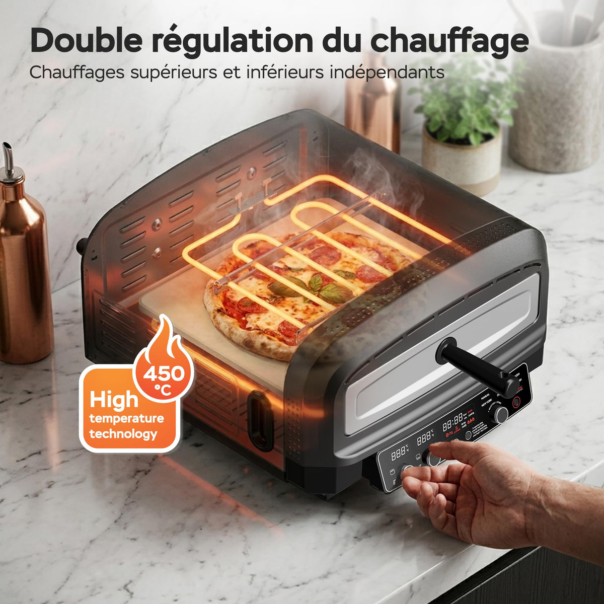Four à pizza électrique Pizzaliano 2200 W 450 °C 20 L pierre à pizza pelle à pizza 37 cm 6 programmes écran LED