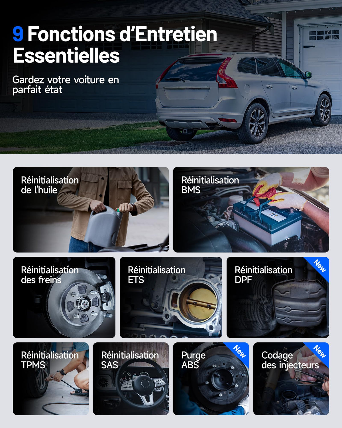 Valise diagnostic automobile OBD2 AD600S 4 systèmes écran 5 pouces Android 11 9 réinitialisations huile frein SAS BMS ABS DPF TPMS