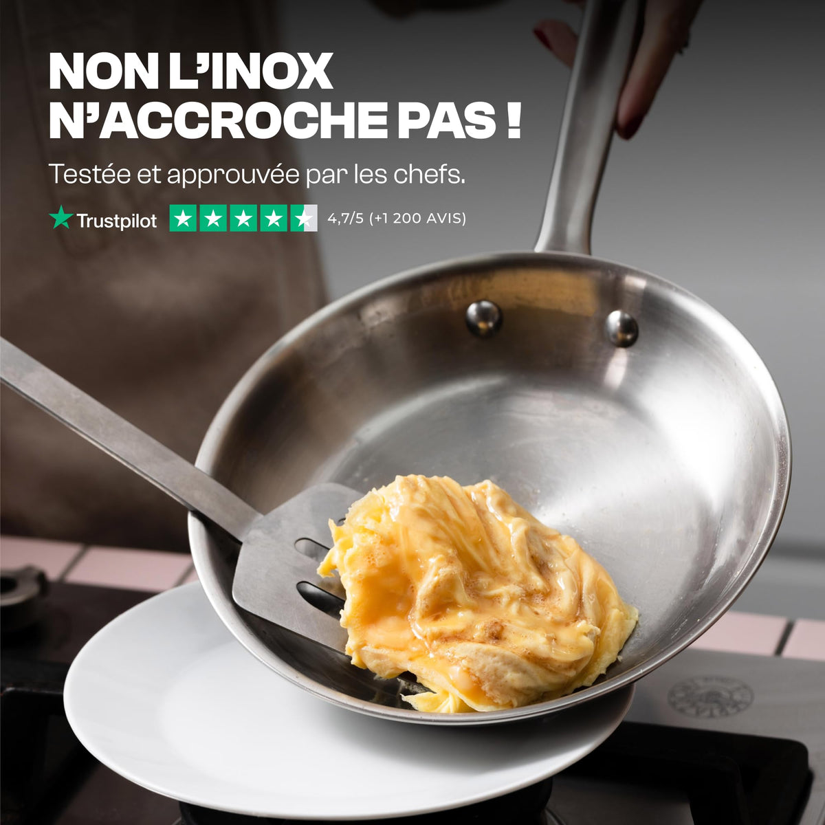 Set de 3 poêles inox 3 plis 18/10 20 26 28 cm induction tous feux four 230°C lave-vaisselle manche inox