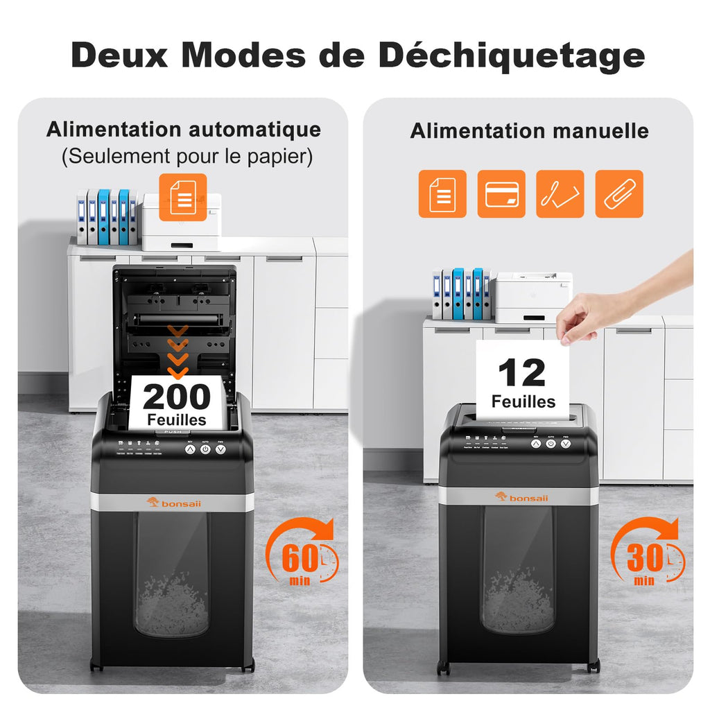 Destructeur de Documents 200 Feuilles Auto-Feed Micro-Coupe P-4 4×12 mm Bac 31 L Fonctionnement 60 Minutes