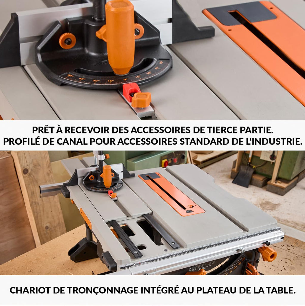 Scie de Table R255TBL+ 1800 W Lame TCT 256 mm Coupe Bois Métal Plastique Biseau 45° Profondeur 85 mm Frein Électrique