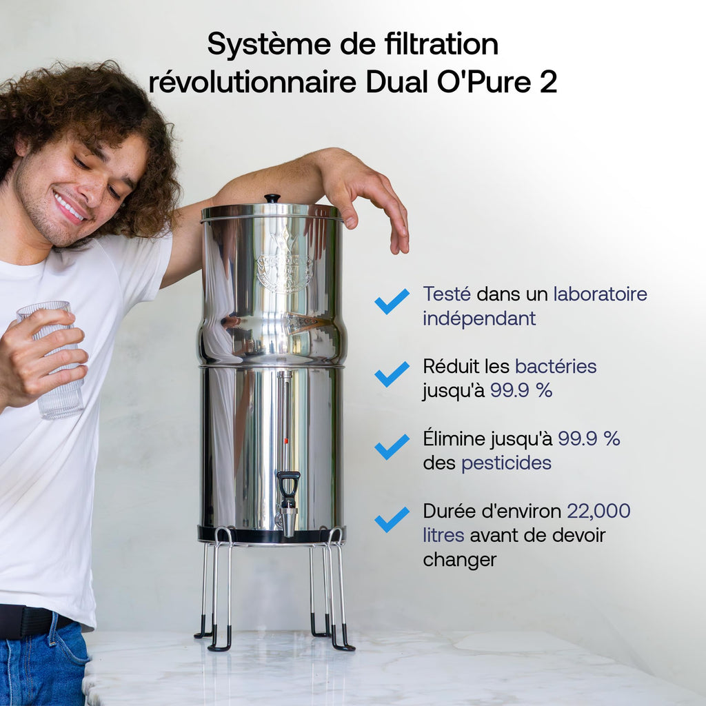 Système de filtration d'eau par gravité Earth WEEP850 8,5 L en acier inoxydable AISI 304 avec 2 filtres O'Pure 2