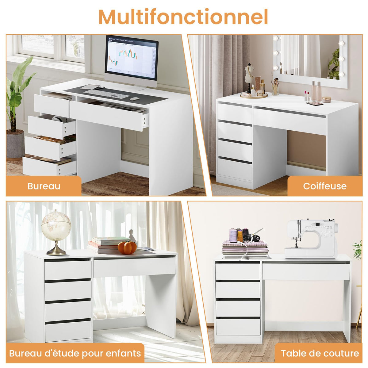 Bureau d'Ordinateur avec Rangement SCD0229 120 x 55 x 75 cm 5 Tiroirs MDF Charge 50 kg Plateau 120 cm Blanc