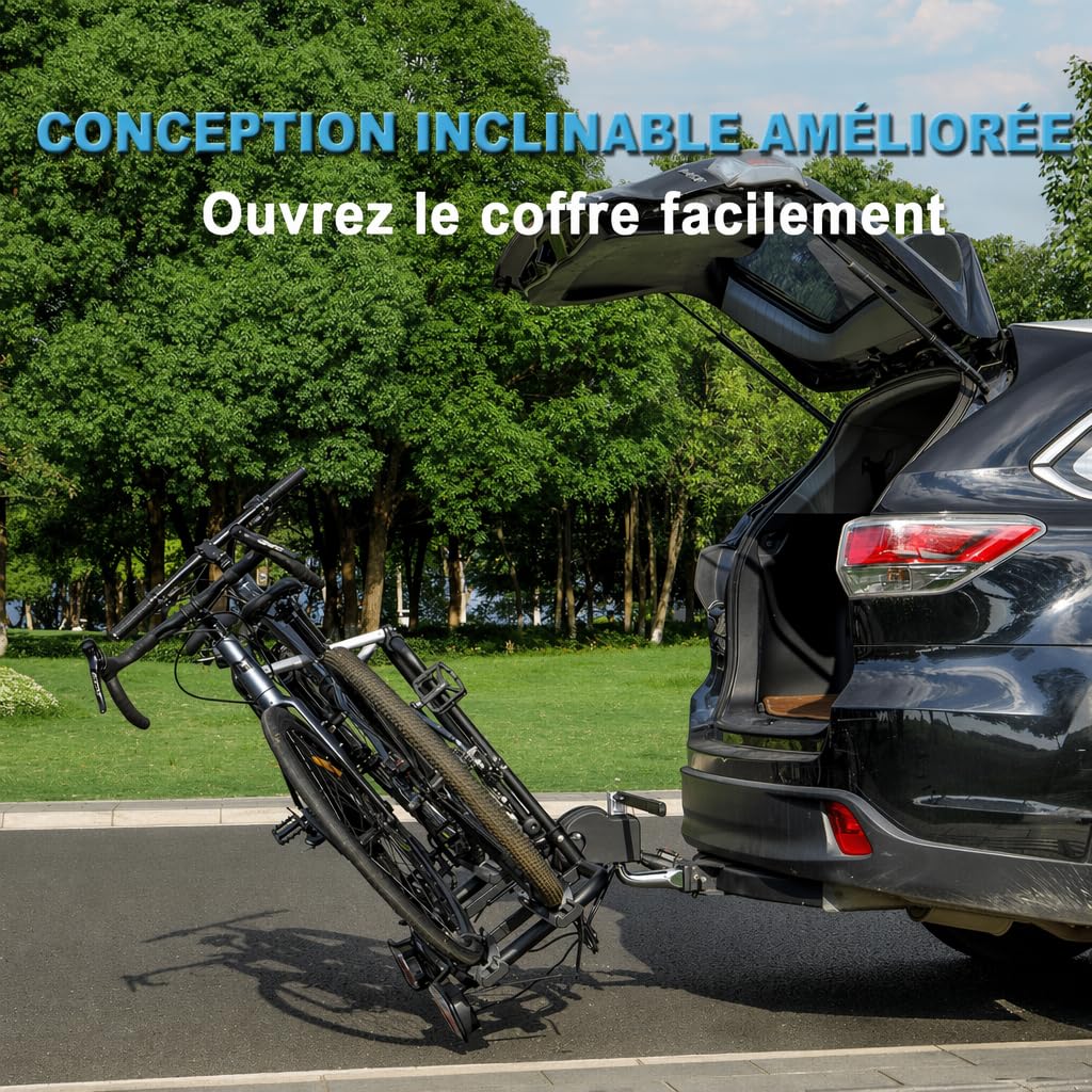 Porte-vélos d'attelage pour 2 vélos charge maximale 60 kg avec feu arrière support de plaque pliable