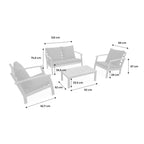 Salon de jardin 4 places en acacia canapé fauteuils table basse coussins vert de gris 123 x 82 x 74 cm