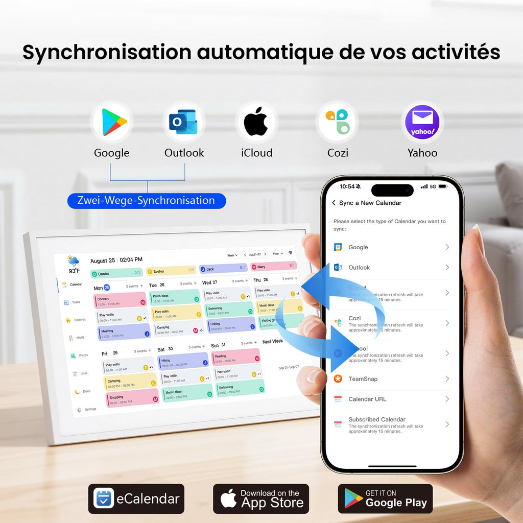 Calendrier numérique mural 15,6 pouces tactile WiFi organisateur familial synchronisation Google iCloud Outlook tableau de récompense enfant