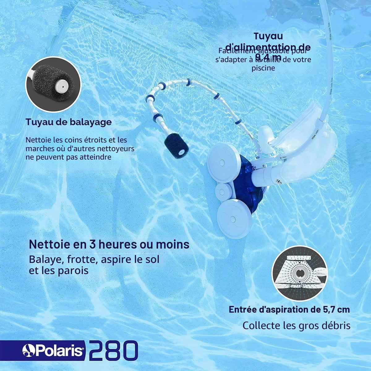 Nettoyeur de piscine à pression F5 P280 avec déplacements multidirectionnels tuyau d’alimentation 9,6 m raccord 3,8 cm pour piscine enterrée
