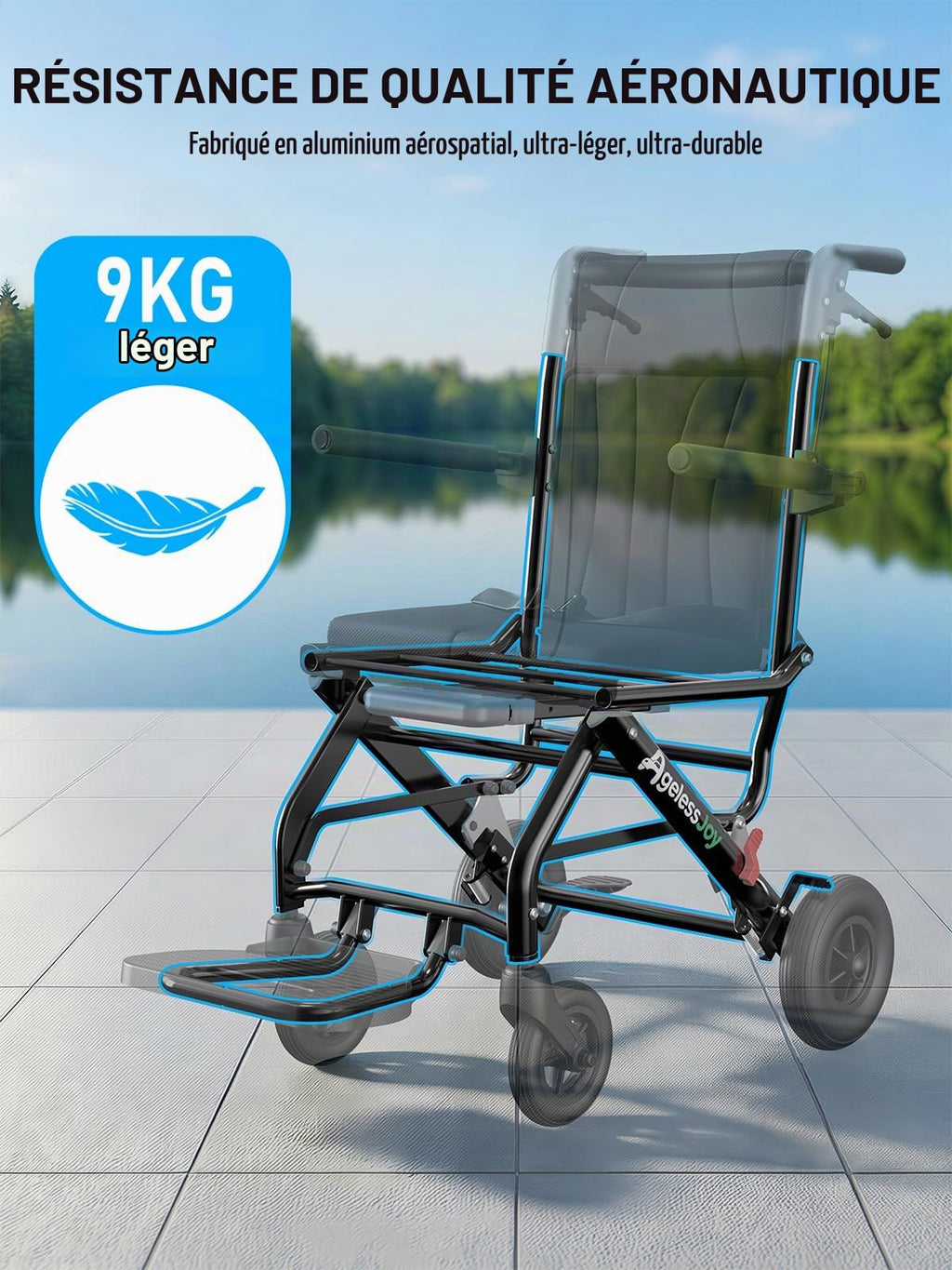 Fauteuil roulant pliable pour adultes 9 kg aluminium poignée télescopique roues PVC accoudoirs rabattables repose-pieds pliables noir