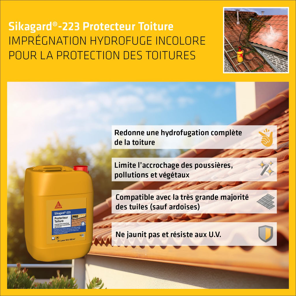 Hydrofuge toiture Sikagard 223 20 L liquide incolore pour matériaux de toiture poreux protection hydrofuge