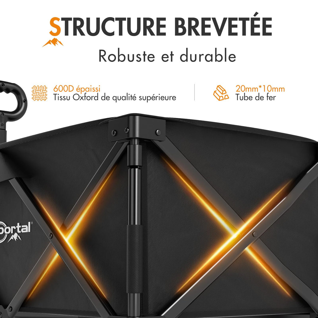 Chariot de transport pliable WFC-PR-TR-21727-1-BLK 200 L charge 150 kg roues tout terrain 20 cm poignée réglable